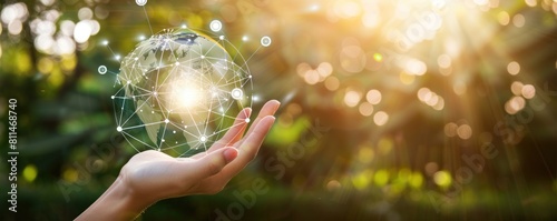 Hand holding crystal earth globe, global communication network, ecology concept