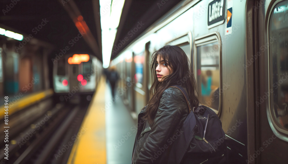 Girl at the subway station waiting to board. Subway. Person in the subway. Girl at the subway station waiting to board. Subway. Person in the subway.