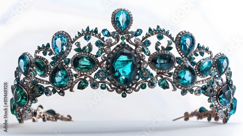 An intricate emerald and diamond tiara, with its large green jewels shining in the light on white background