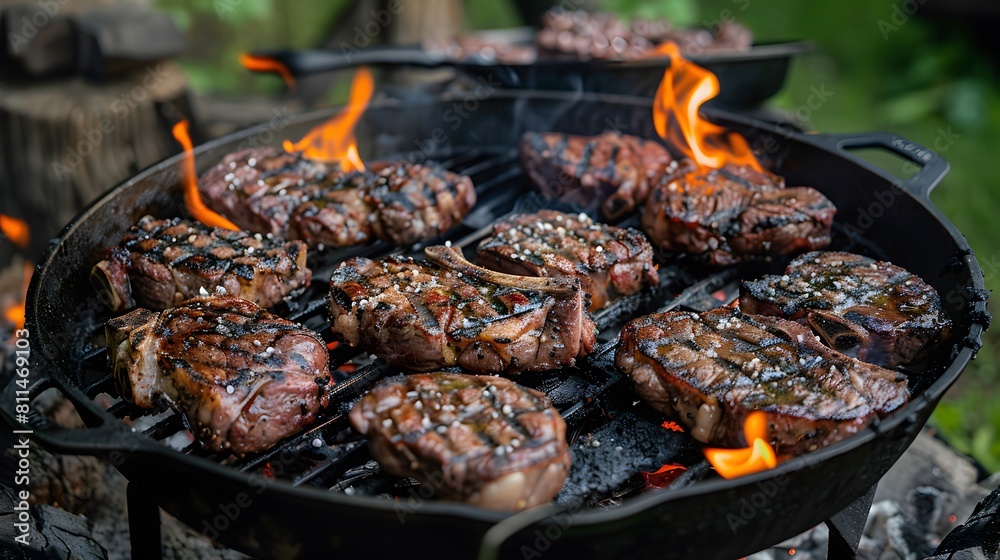 An outdoor grill with flames and meat cooking on it. The meat consists of ribeye steaks being grilled in cast iron pans.