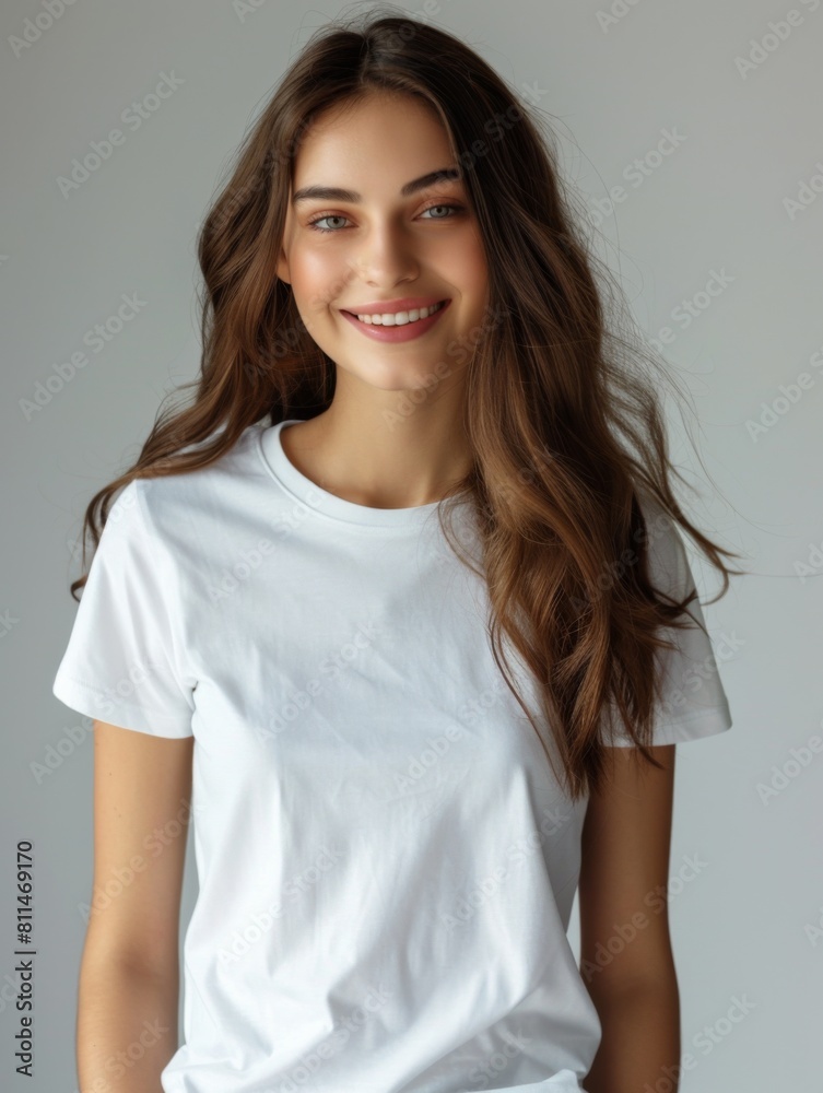 Woman wearing white tshirt mockup created with generative AI Woman wearing white tshirt mockup created with generative AI