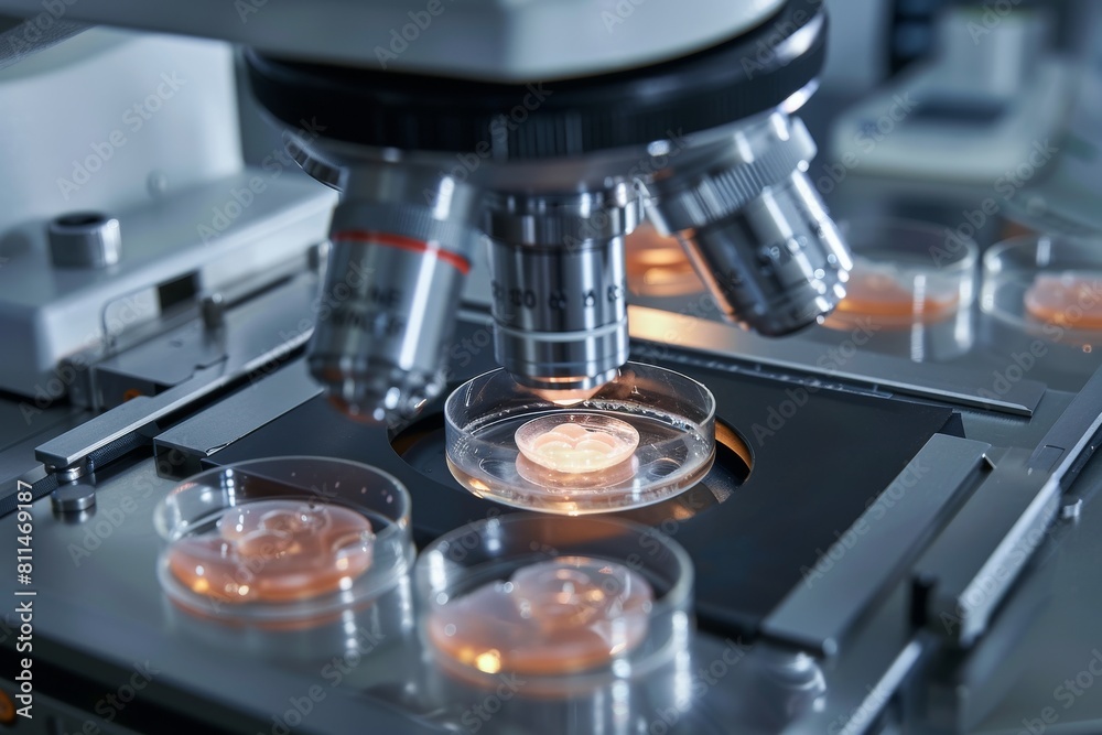 A biotechnologist monitoring cloned embryos in a petri dish under a microscope in a modern cloning lab A biotechnologist monitoring cloned embryos in a petri dish under a microscope in a modern cloning lab