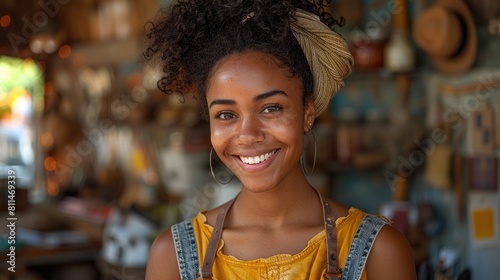 A beautiful young woman with curly hair smiles at the camera. She is wearing a yellow shirt and denim overalls. The background is blurred.
