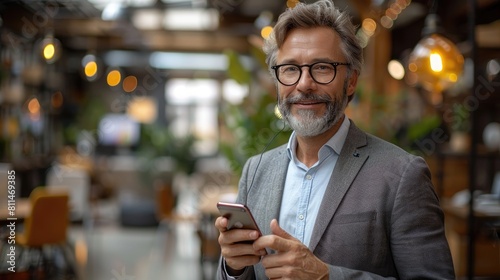 A handsome middle-aged man in glasses is holding his phone and smiling.