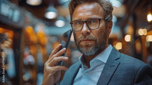 A man in a suit is talking on the phone in a public place.