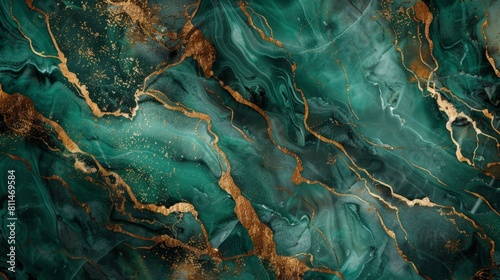 A breathtaking abstract composition featuring a dark green aqua background reminiscent of marble, adorned with shimmering golden veins that meander gracefully across the surface
