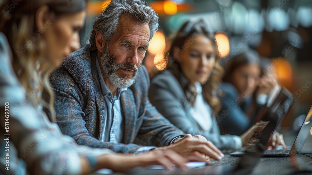 Fototapeta premium Confident senior businessman discussing ideas with female colleagues during a meeting in a modern office.