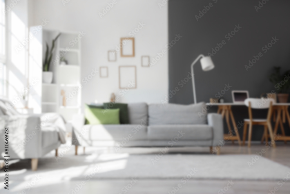 Blurred view of light living room with cozy grey sofas Blurred view of light living room with cozy grey sofas