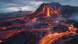 A breathtaking view of the Alitli-Hr??tur volcanic eruption, with streams of glowing lava cascading down the slopes of the mountain, creating a surreal and otherworldly landscape