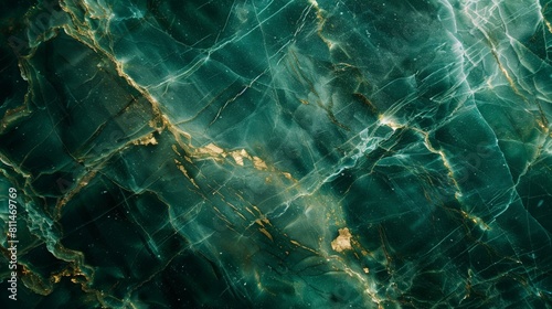 A breathtaking close-up view of a green marble surface with golden veins delicately weaving through it, their shimmering presence adding a touch of elegance and refinement to the composition