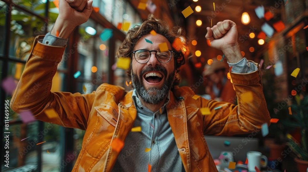 Successful bearded man in glasses rejoices raising hands up in the air among flying confetti. Successful bearded man in glasses rejoices raising hands up in the air among flying confetti.