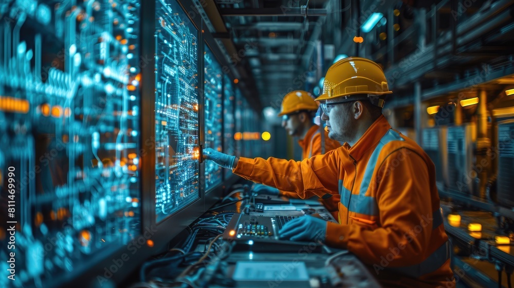 Technician in hard hat and safety glasses works on a control panel.