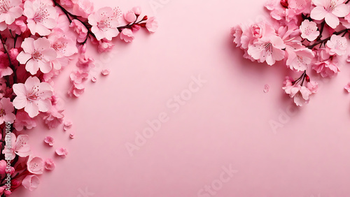 Pink background with Cherry Blossom flowers around the table or free space © Graphic ELE