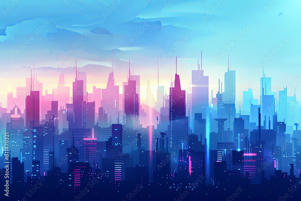 A vector illustration depicting a futuristic city skyline with numerous towering buildings dominating the urban landscape. Generative AI