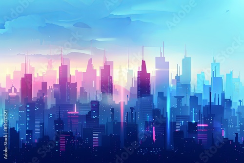 A vector illustration depicting a futuristic city skyline with numerous towering buildings dominating the urban landscape. Generative AI