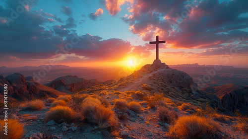 a cross rising from a hill above a desert with sunset in the background