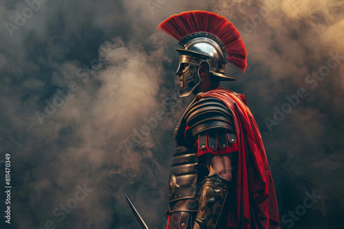 roman soldier poised for battle with foggy background
