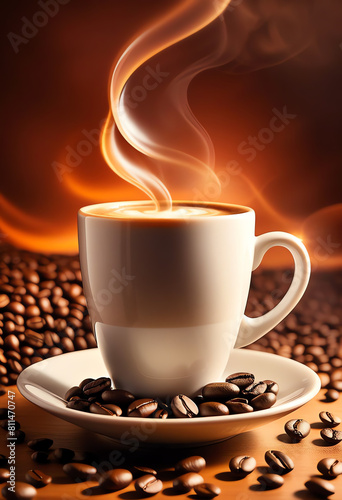 a cup of hot coffee with coffee beans element around background
