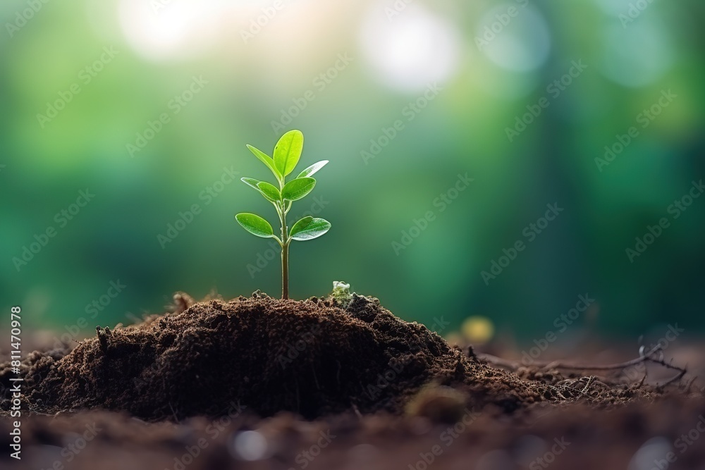 Small Tree Growing in Garden Against Green Blur Nature Background, Earth Day Concept