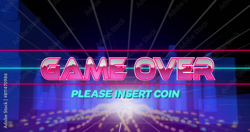Image of game over text in pink metallic letters over digital city with blue lights Image of game over text in pink metallic letters over digital city with blue lights