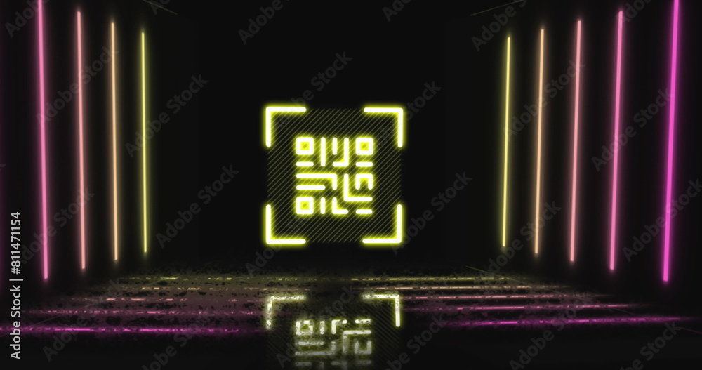 Image of qr code in viewfinder and multicolored lines against black background Image of qr code in viewfinder and multicolored lines against black background