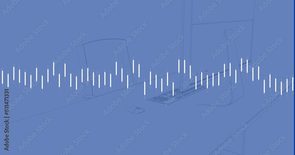 Obraz premium Image of data processing against office desk sketch on blue background