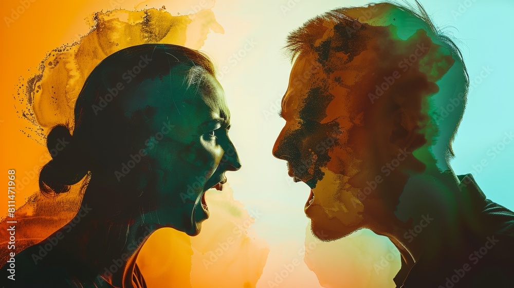 a man and a woman facing each other with a colorful background behind them a man and a woman facing each other with a colorful background behind them