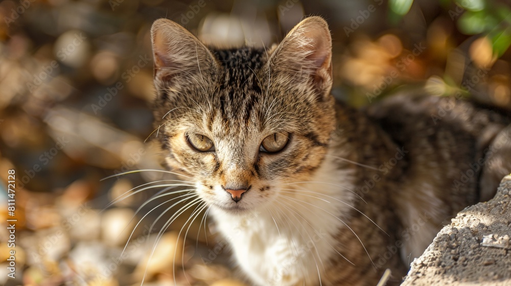 a cat is sitting on the ground looking at something in the distance with a blurry background of leaves..