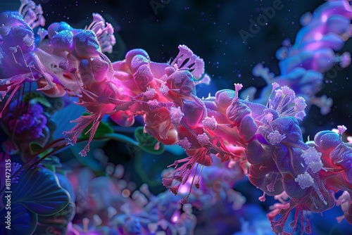 A close-up view of a group of purple flowers blooming beautifully in vibrant hues. Generative AI