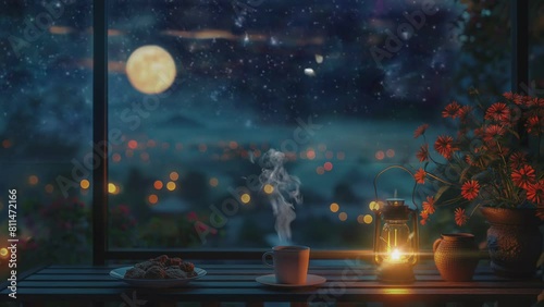 A cup coffe and lantern in nightscene, 4k video looping background  photo