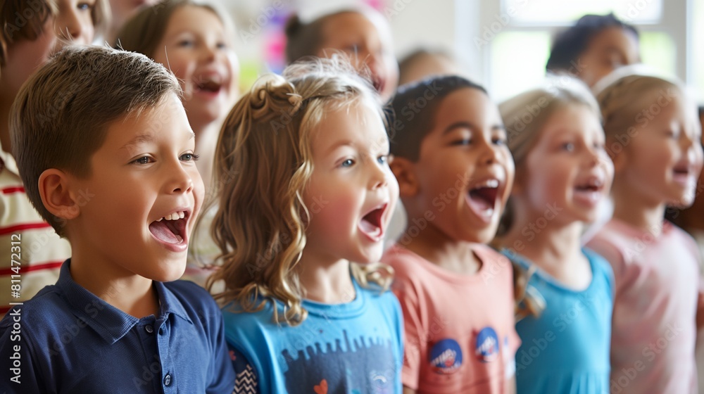 a group of children singing in a choir a group of children singing in a choir