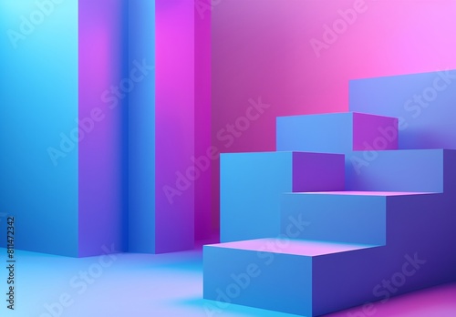 a set of stairs with a pink and blue background