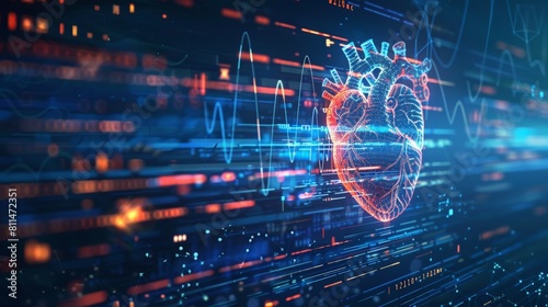 A captivating image showcasing a heartbeat line transforming seamlessly into digital AI code, symbolizing the role of advanced AI technology in real-time patient monitoring and heart health management