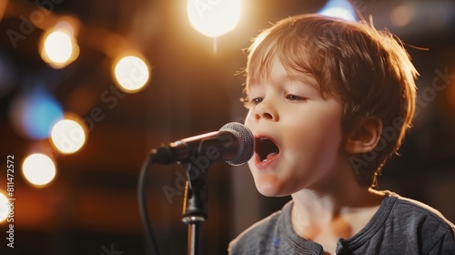 a young boy singing into a microphone with lights in the background