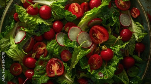 Salad with a mix of lettuce tomato and radish