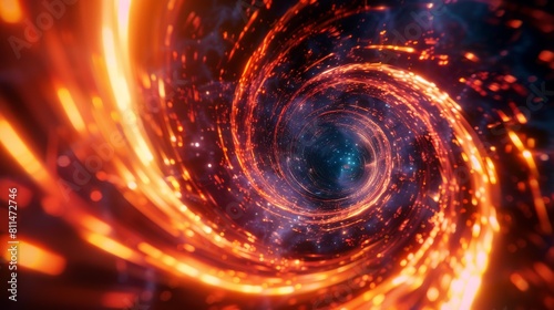 A captivating portrayal of an intense abstract fiery vortex, characterized by swirling bright light and glowing particles that convey a sense of dynamic motion and energy