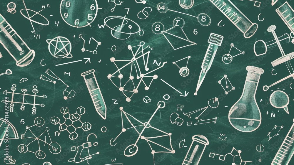 A seamless pattern of white chalk doodles on a blackboard, including science-related icons like test tubes and microscopes. A diagonal background with math equations in the style of micro Phase. A seamless pattern of white chalk doodles on a blackboard, including science-related icons like test tubes and microscopes. A diagonal background with math equations in the style of micro Phase.