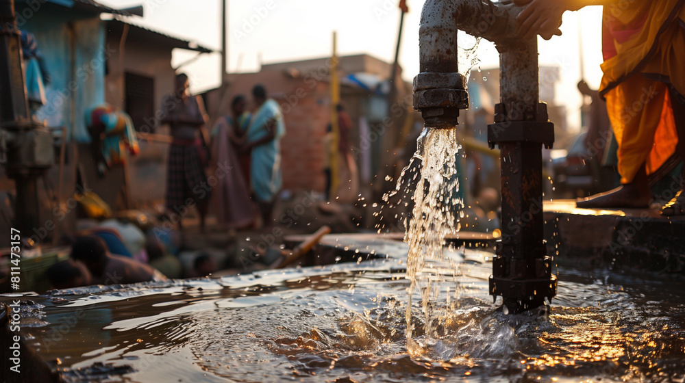 Indian slums people and clean water sources for consumption. hot weather. heat wave. Indian slums people and clean water sources for consumption. hot weather. heat wave.