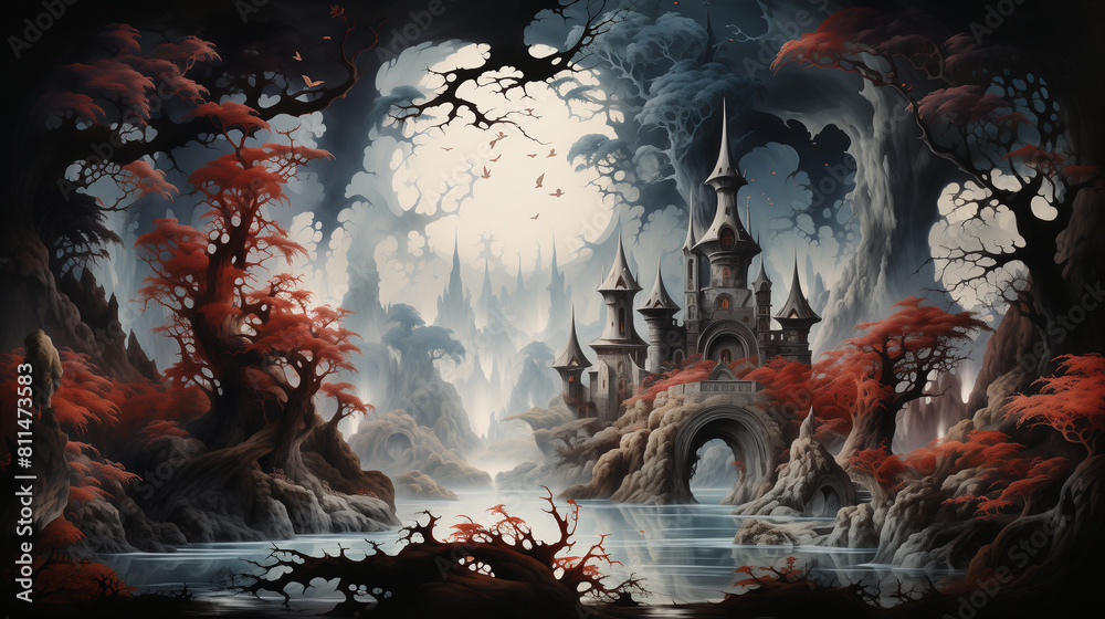 Fototapeta premium Watercolor painting of A gothic castle emerges from a mystical forest, framed by eerie red autumn trees and a fog-laden atmosphere, creating a hauntingly beautiful scene.