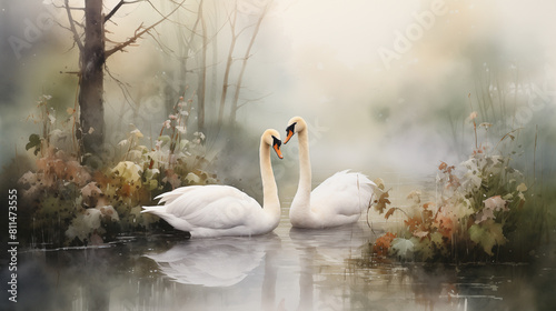Graceful swans depicted in a digital illustration, gliding on a tranquil lake amid autumn colors.