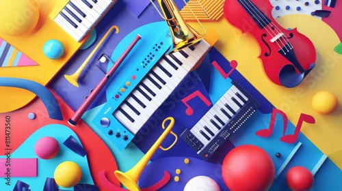 A captivating visual representation of World Music Day with a colorful array of musical instruments arranged in a dynamic composition against a backdrop of abstract patterns and textures