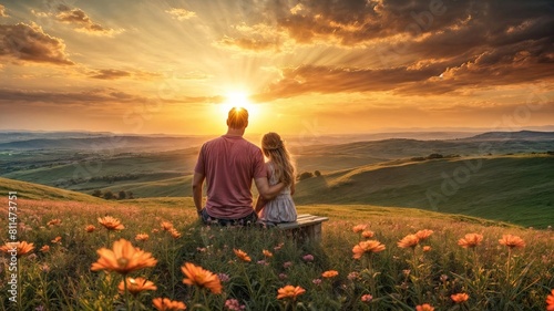 close-up back of Father and daughter shared a quiet moment, lost in the beautiful landscape on the hill full up wild flowers of the amazing sunset. Father's Day © Pham Ty