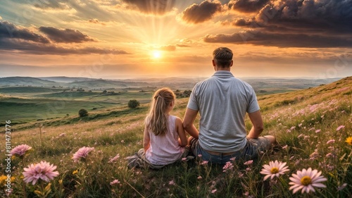 close-up back of Father and daughter shared a quiet moment, lost in the beautiful landscape on the hill full up wild flowers of the amazing sunset. Father's Day photo