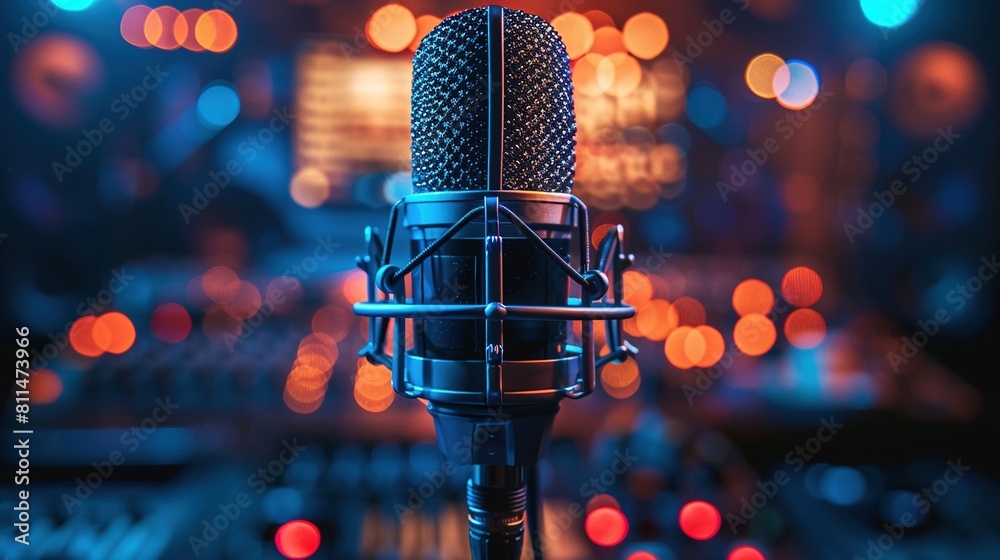 A close-up photo of a retro microphone at a concert. Aesthetic attractive background. Generative AI A close-up photo of a retro microphone at a concert. Aesthetic attractive background. Generative AI