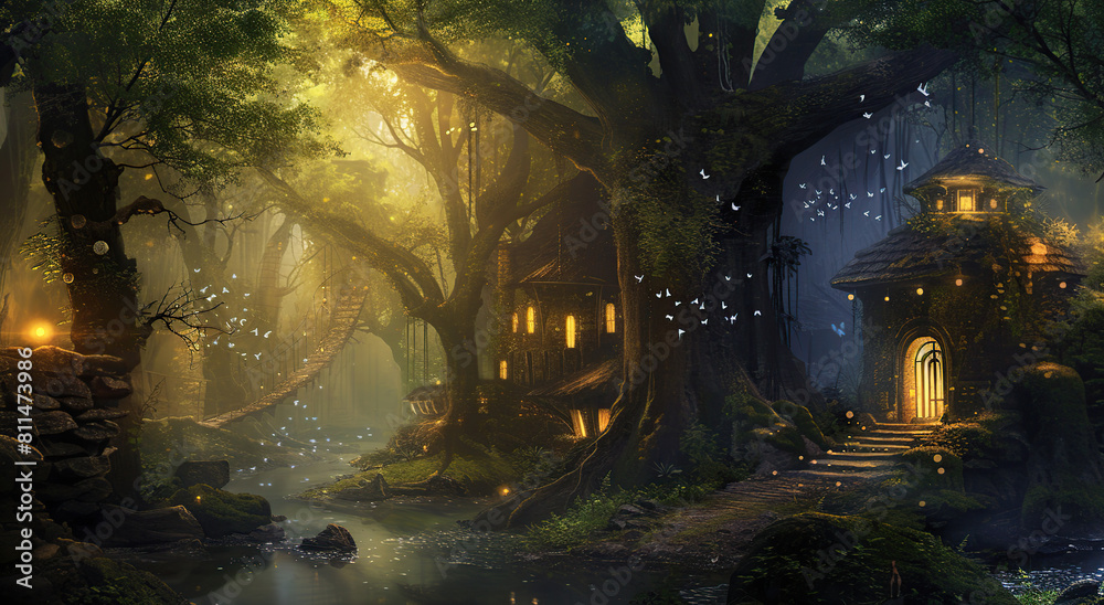 This fantasy landscape invites you to embrace the serenity of a magical woodland . Generative Ai