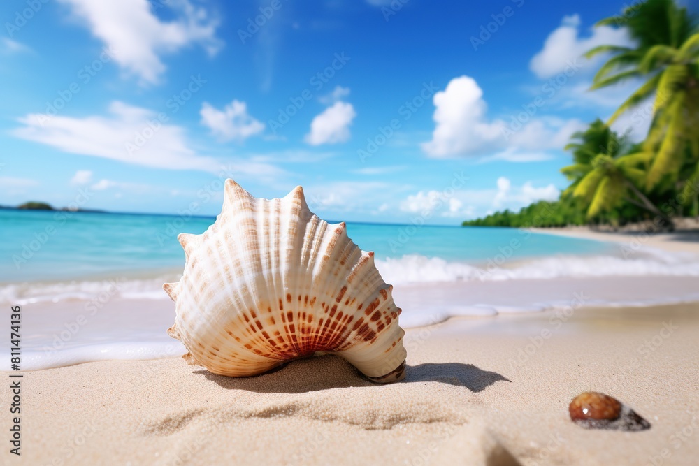 Seashell on Tropical Sandy Beach Against Blue Sky and Sea Seashell on Tropical Sandy Beach Against Blue Sky and Sea