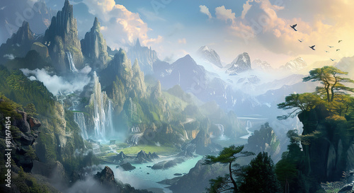 Beautiful fantasy landscape offers a majestic panorama that stirs the imagination. Generative Ai
