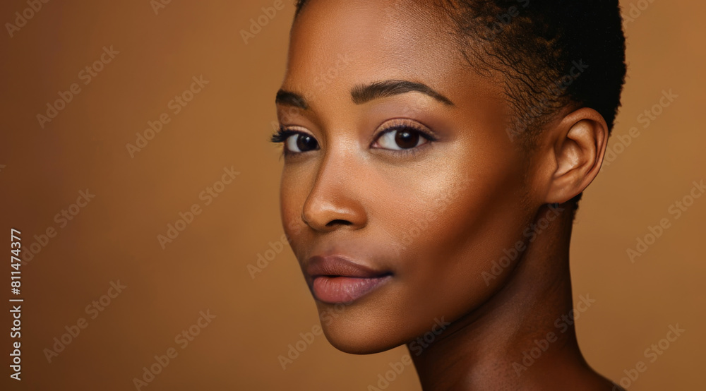 Studio portrait of a beautiful African American with very short hair. Flawless complexion highlighting skin care and cosmetics. Closeup with copy space. Studio portrait of a beautiful African American with very short hair. Flawless complexion highlighting skin care and cosmetics. Closeup with copy space.