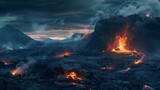 A dramatic landscape capturing the fiery eruption of the Alitli-Hr??tur volcano, with molten lava spewing into the night sky, illuminated by the glow of the burning magma