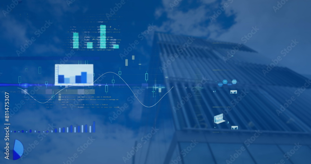 Fototapeta premium Image of statistical data processing against low angle view of tall buildings